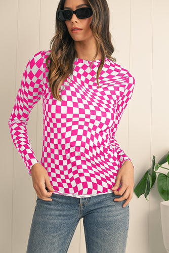 Black Checkered Pattern Mesh Long Sleeve Top