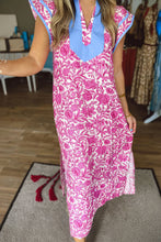 Green Floral Print Color Block Patchwork V Neck Short Sleeve Midi Dress