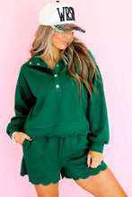 Blackish Green Embroidered Scallop Trim Half Button Pullover Casual Shorts Set