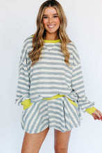 Gray Stripe Contrast Trim Long Sleeve Top and Shorts Set