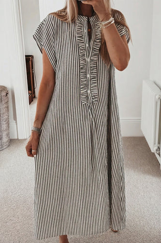 Black Stripe Frilled Detail Half Buttons Short Sleeve Long Dress