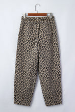 Khaki Leopard Print Drawstring Elastic Waist Loose Denim Pants with Pockets