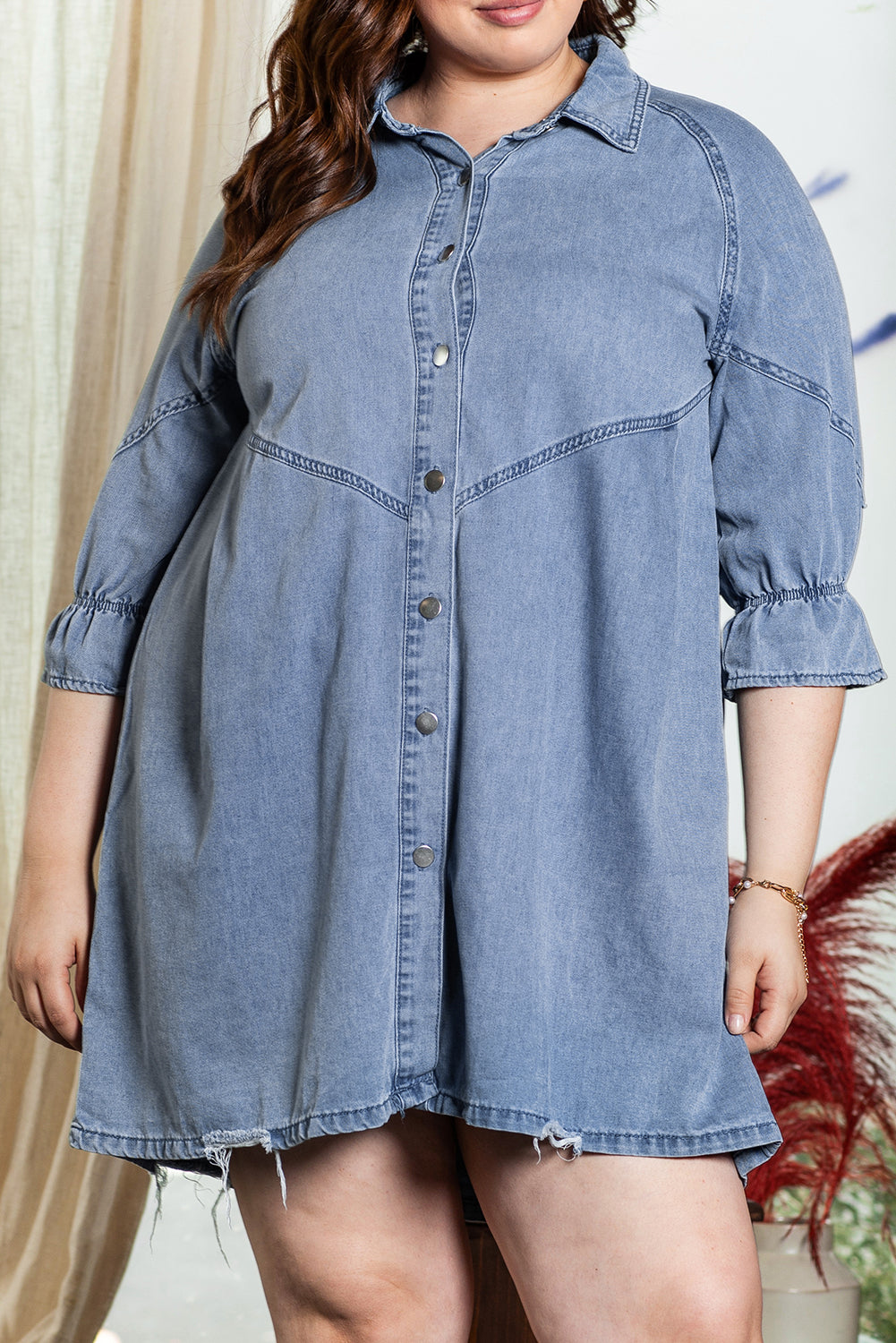 Light Blue Ruffled 3/4 Sleeve Buttoned Front Plus Size Denim Dress The Rusted Nail Boutique Light Blue Ruffled 3/4 Sleeve Buttoned Front Plus Size Denim Dress The Rusted Nail Boutique