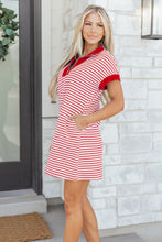 Red Stripe Quarter Zip Polo Collar T Shirt Dress with Pockets