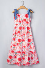 Yellow Floral Print Contrast Stitched Knot Denim Straps High Waist Dress