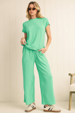Blue Solid Corded Short Sleeve T Shirt and Wide Leg Pants Set
