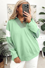 Moonlight Jade Colorblock Striped Patchwork Collar V Neck Plus Size Sweatshirt