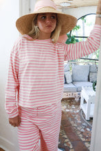 Rose Stripe Drop Shoulder Round Neck Top and Buttoned Straight Pants Two Piece Set