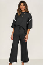 Black Loose Contrast Trim Half Sleeve Top and Drawstring Pants Set