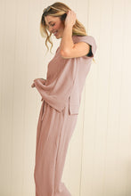 Blue Solid Corded Short Sleeve T Shirt and Wide Leg Pants Set