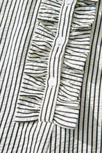 Black Stripe Frilled Detail Half Buttons Short Sleeve Long Dress