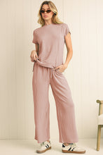 Blue Solid Corded Short Sleeve T Shirt and Wide Leg Pants Set