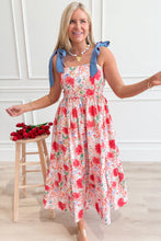 Yellow Floral Print Contrast Stitched Knot Denim Straps High Waist Dress