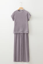 Blue Solid Corded Short Sleeve T Shirt and Wide Leg Pants Set
