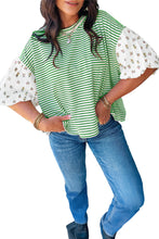 Black Stripe Floral Puff Sleeve Patchwork Round Neck Loose Top