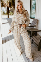 Khaki Stripe Textured Collared Pullover Top and Drawstring Pants Set