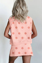 Sky Blue Ribbed Trim Polka Dot Print Tank Split Mini Skort 2pcs Set
