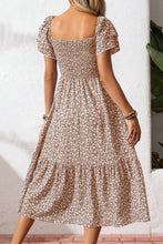 Beige Ditsy Floral Print Smocked Square Neck Ruffle Short Sleeve Dress