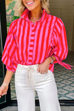 Red Stripe Tie Puff Sleeve Womens Button Down Shirt