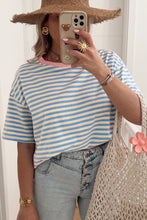 Sky Blue Stripe Contrast Crew Neck Drop Shoulder Loose Tee