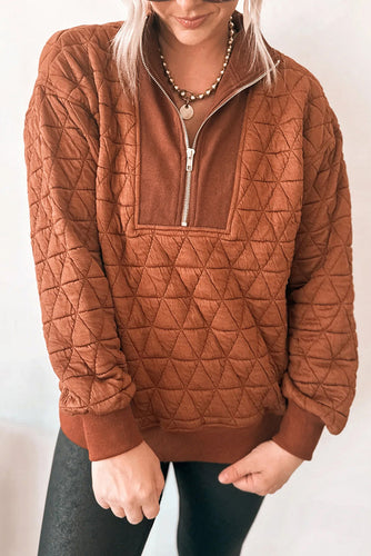 Straw Yellow Textured Zipper Neck Long Sleeve Pullover Sweatshirt