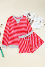Red Striped Drop Shoulder Baggy Pullover and Shorts Casual Set