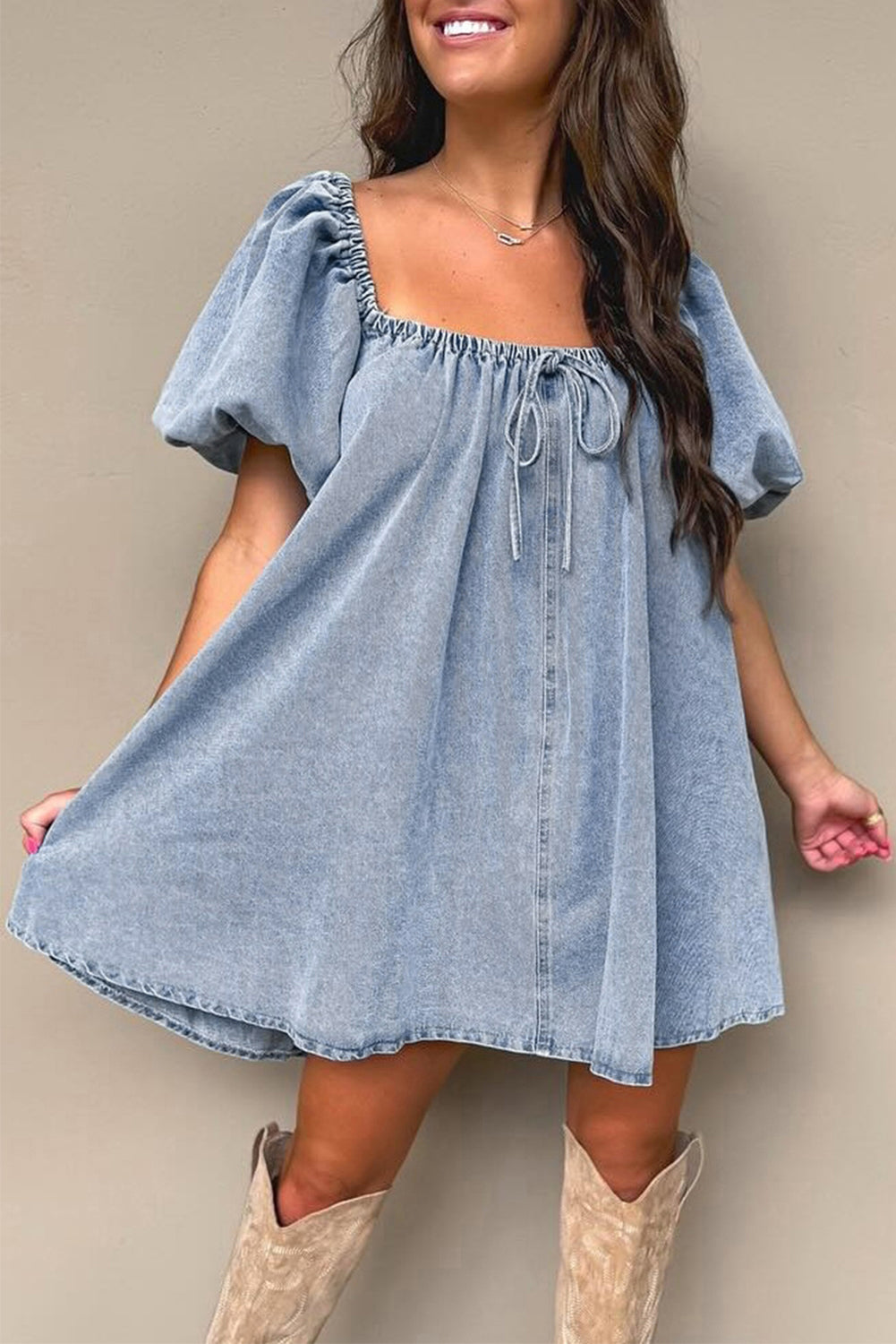 Myosotis Bubble Sleeve Square Neck Denim Babydoll Dress Myosotis Bubble Sleeve Square Neck Denim Babydoll Dress