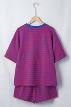 Blue Stripe Striped Ribbed Cotton Two-Piece Short Set with Chest Patch Detail