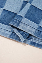 Sky Blue Checkerboard Zipped Collar Kangaroo Pocket Denim Hoodie