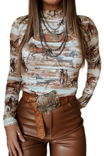 Brown Horses Print Cut-out Mock Neck Top