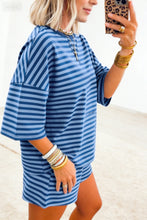 Blue Stripe Striped Ribbed Cotton Two-Piece Short Set with Chest Patch Detail