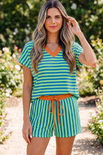 Red Stripe Colorblock Trim V Neck Tee Drawstring Elastic Waist Short Set