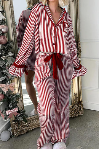 Red Striped Contrast Velvet Trim Knot Waist Pajama Set