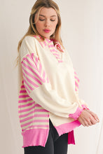 Pink Stripe Colorblock Collared French Terry Top