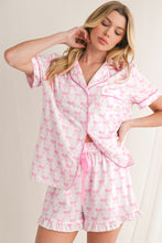 Pink Bowknot Print Shirt and Ruffle Hem Shorts Pajama Set