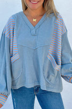 Meadow Mist Green Exposed Seam Waffle Striped Patchwork Baggy Pullover