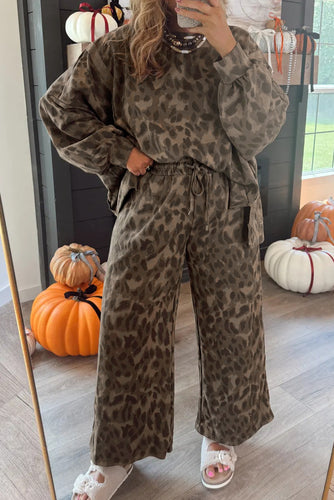 Brown Allover Leopard Print Pullover Drawstring Loose Pants Set