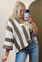 Brown Stripe Colorblock V Neck Bracelet Sleeve Sweater