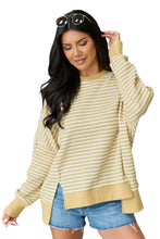 Khaki Stripe Textured Knit Color Block Trim Split Hem Long Sleeve Top