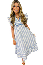 Sky Blue Stripe Subtle Lace Detail V Neck Ruffle Trim Casual Dress