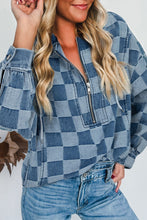 Sky Blue Checkerboard Zipped Collar Kangaroo Pocket Denim Hoodie