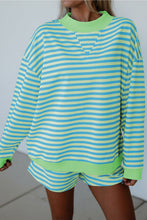 Pink Stripe Color Block Detail Long Sleeve Pullover Elastic Waist Pull On Shorts 2pcs Set
