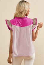 Mist Blue Colorblock Ruffled Sleeve Frill V Neck Blouse