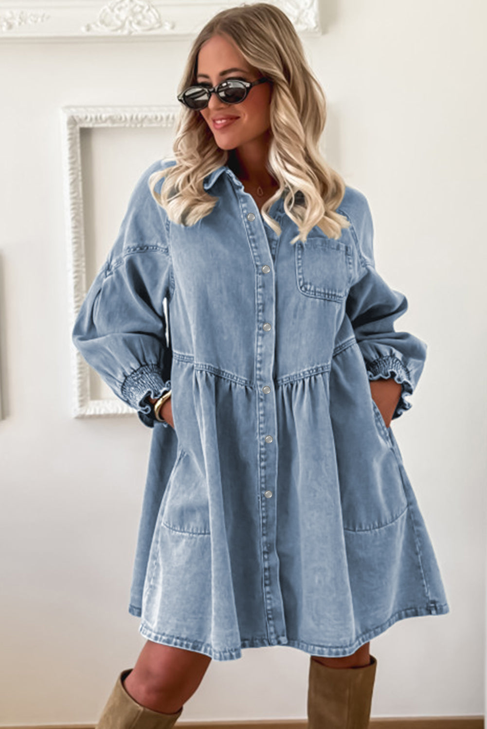 Beau Blue Smocked Cuffs Flared Denim Shirt Mini Dress – The Rusted Nail Boutique