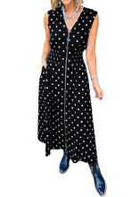 Brown Polka Dot Print Contrast Trim V Neck Zip Up Sleeveless Dress
