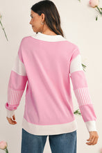 Sky Blue Striped V Neck Collared Colorblock Patchwork Sweater