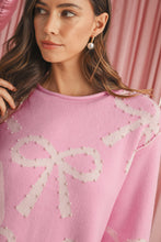 Pink Bow Pattern Pearl Embellished Raw Hem Sweater