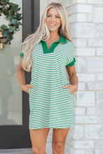 Red Stripe Quarter Zip Polo Collar T Shirt Dress with Pockets