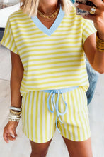 Red Stripe Colorblock Trim V Neck Tee Drawstring Elastic Waist Short Set