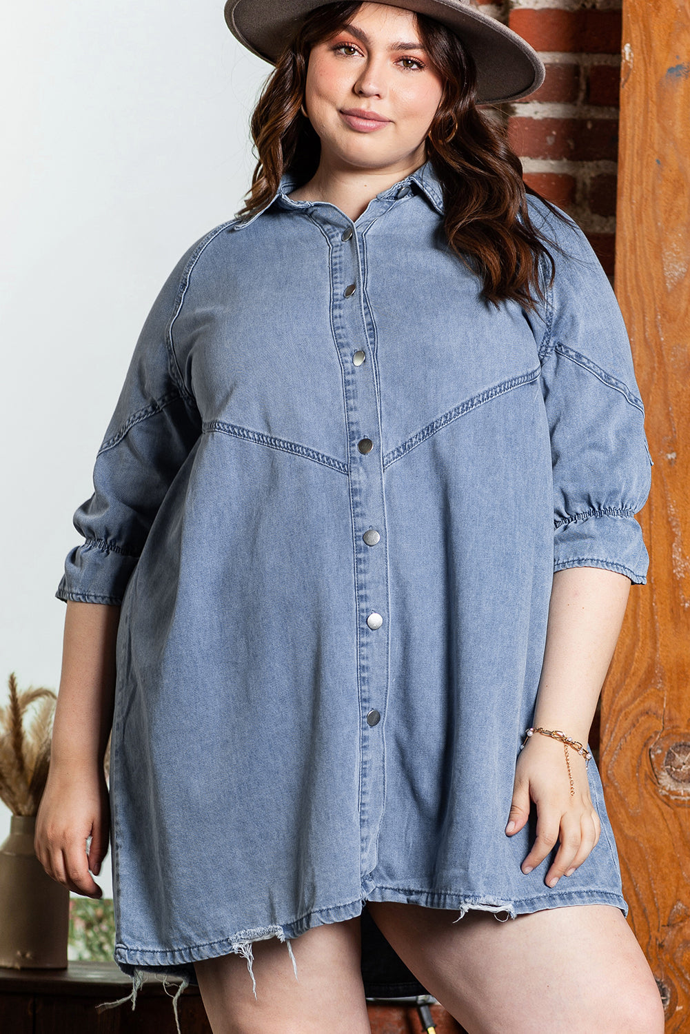 Light Blue Ruffled 3/4 Sleeve Buttoned Front Plus Size Denim Dress – The Rusted Nail Boutique Light Blue Ruffled 3/4 Sleeve Buttoned Front Plus Size Denim Dress – The Rusted Nail Boutique